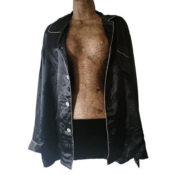 Vtg Black Silk Pajama Shirt With White Piping SIze 46 - Picture 3 of 10